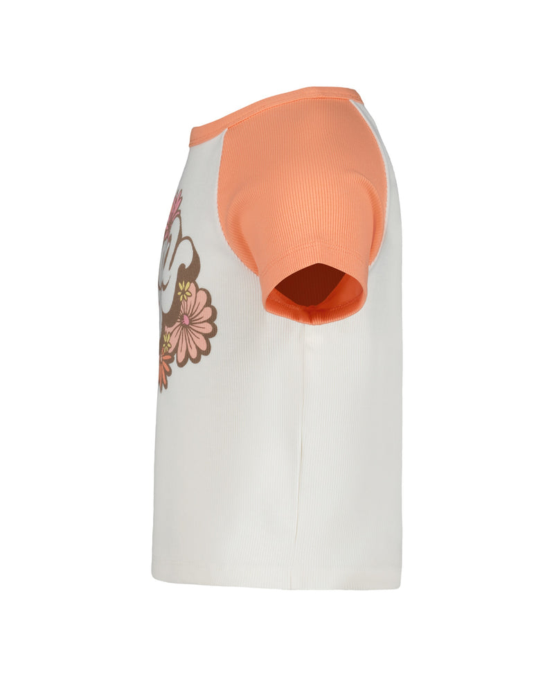 Side view of the Roxy Girls Stay Groovy Baby Tee, featuring peach-orange raglan sleeves, a white body, and a partially visible floral graphic—perfect for stylish little ones.