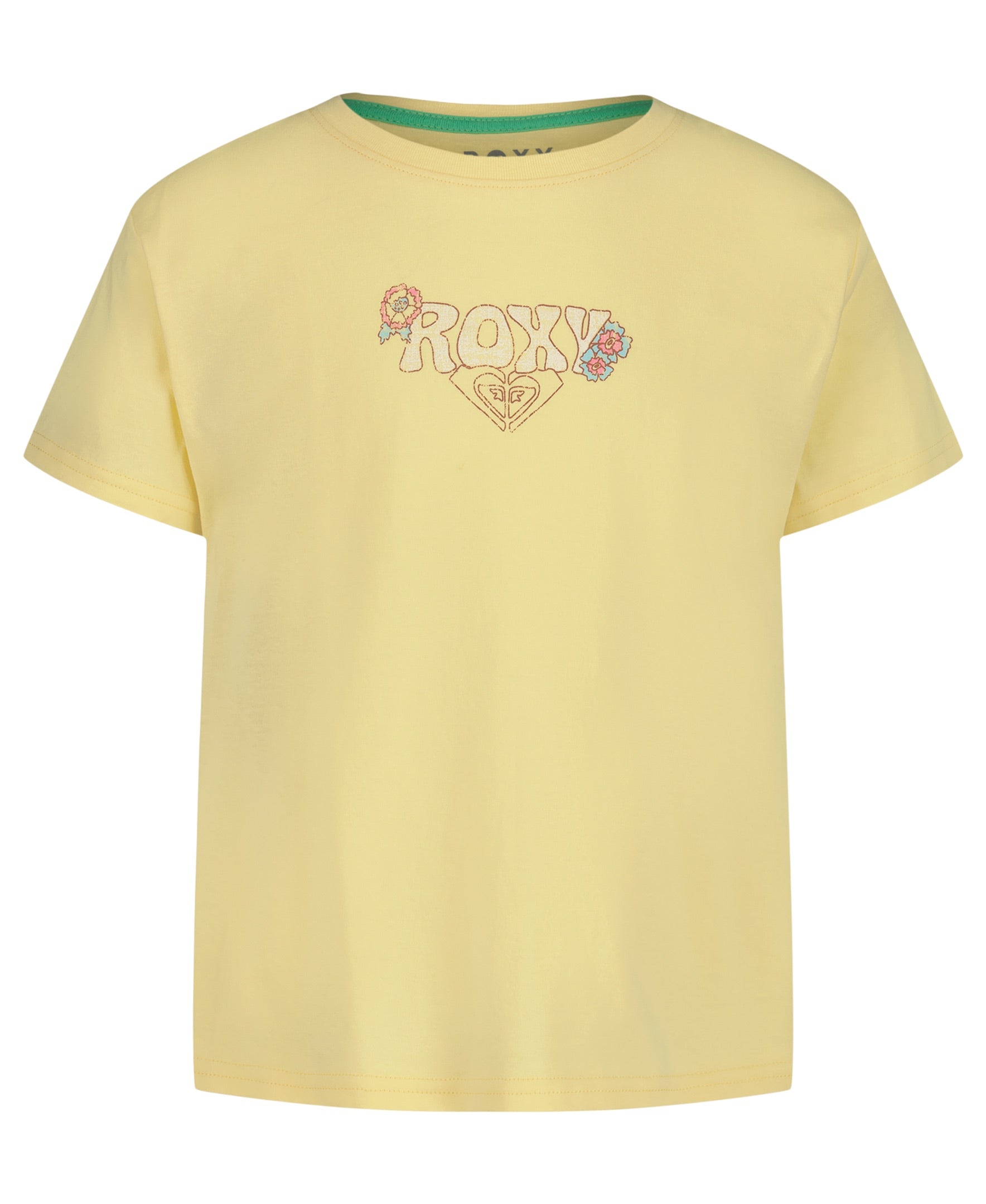 The Girls' Grateful For Nature Tee by Roxy features a light yellow cotton jersey, short sleeves, pastel floral embroidery, and ROXY text on the chest. This oversized tee offers a comfortable, classic crew neck fit.
