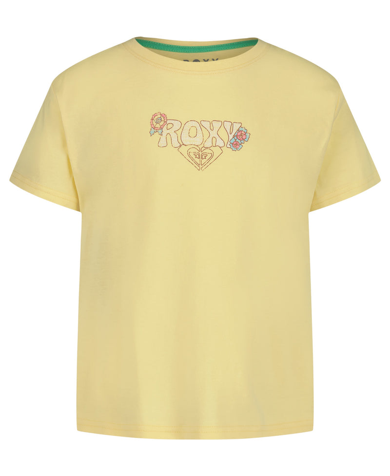 The Girls' Grateful For Nature Tee by Roxy features a light yellow cotton jersey, short sleeves, pastel floral embroidery, and ROXY text on the chest. This oversized tee offers a comfortable, classic crew neck fit.