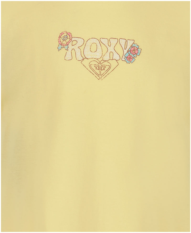 The Girls' Grateful For Nature Tee by Roxy is a yellow oversized cotton jersey crew neck, featuring outlined "ROXY" lettering at the top center with small colorful flowers and a heart-shaped ROXY logo below.