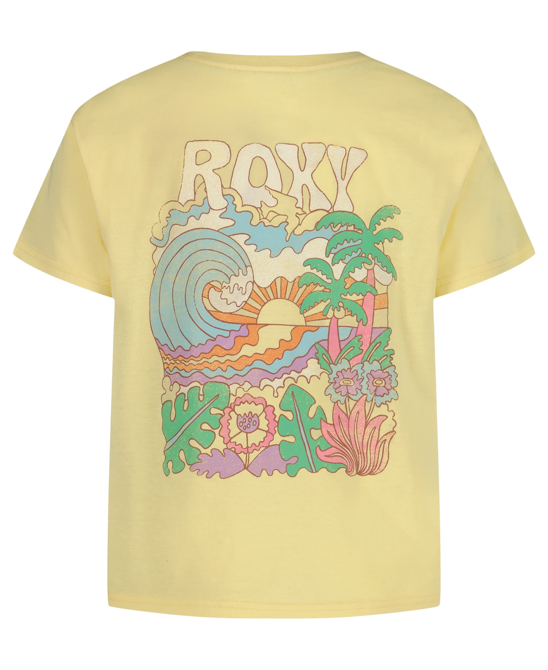 Back view of the Girls' Grateful For Nature Tee by Roxy, an oversized pastel yellow crew neck with a retro-inspired back print of waves, sun, palm trees, and flowers on soft cotton jersey.