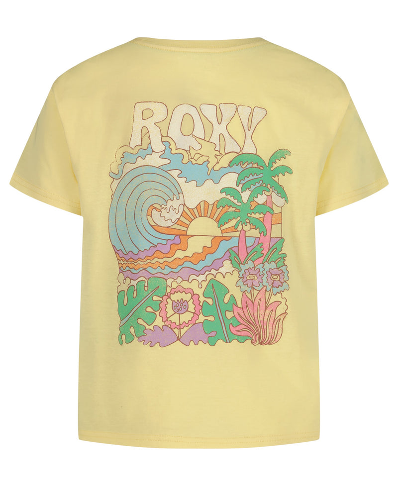 Back view of the Girls' Grateful For Nature Tee by Roxy, an oversized pastel yellow crew neck with a retro-inspired back print of waves, sun, palm trees, and flowers on soft cotton jersey.