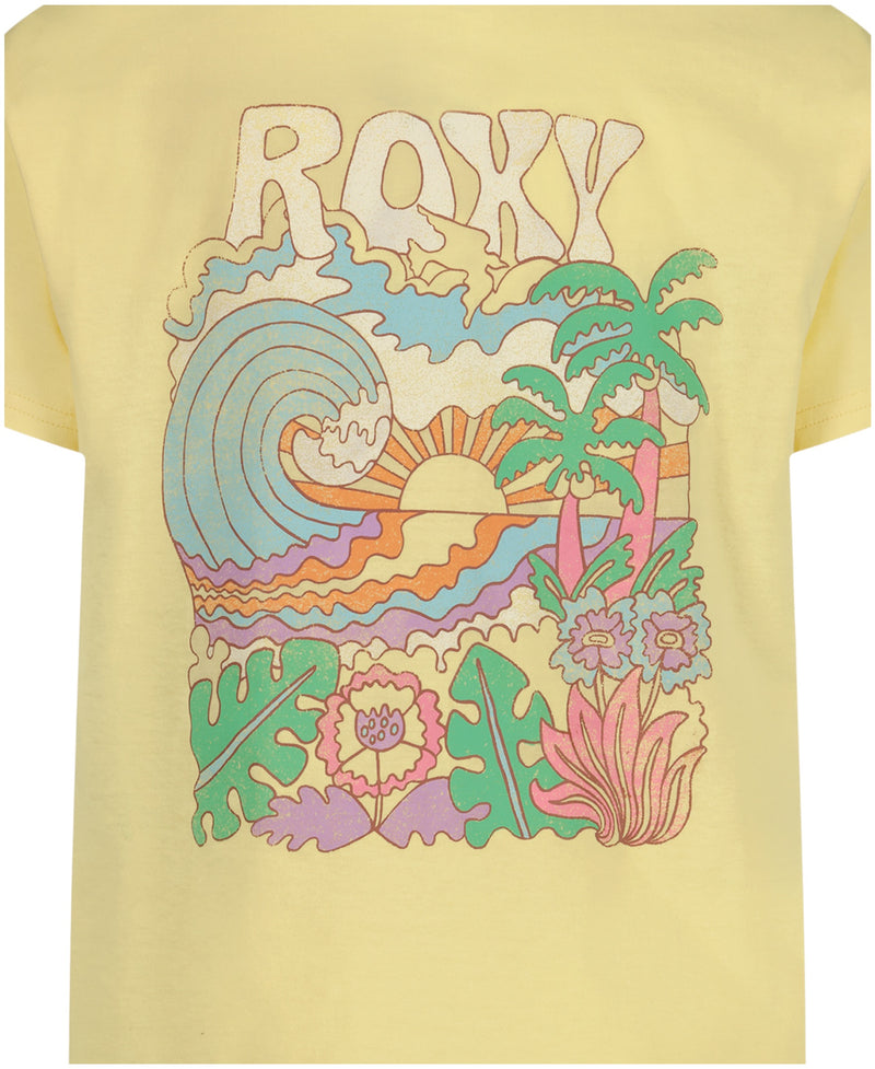 The Girls' Grateful For Nature Tee by Roxy is a yellow cotton jersey, crew neck, oversized t-shirt featuring a colorful retro-style graphic with waves, sun, palm trees, flowers, clouds, and bold ROXY lettering at the top.
