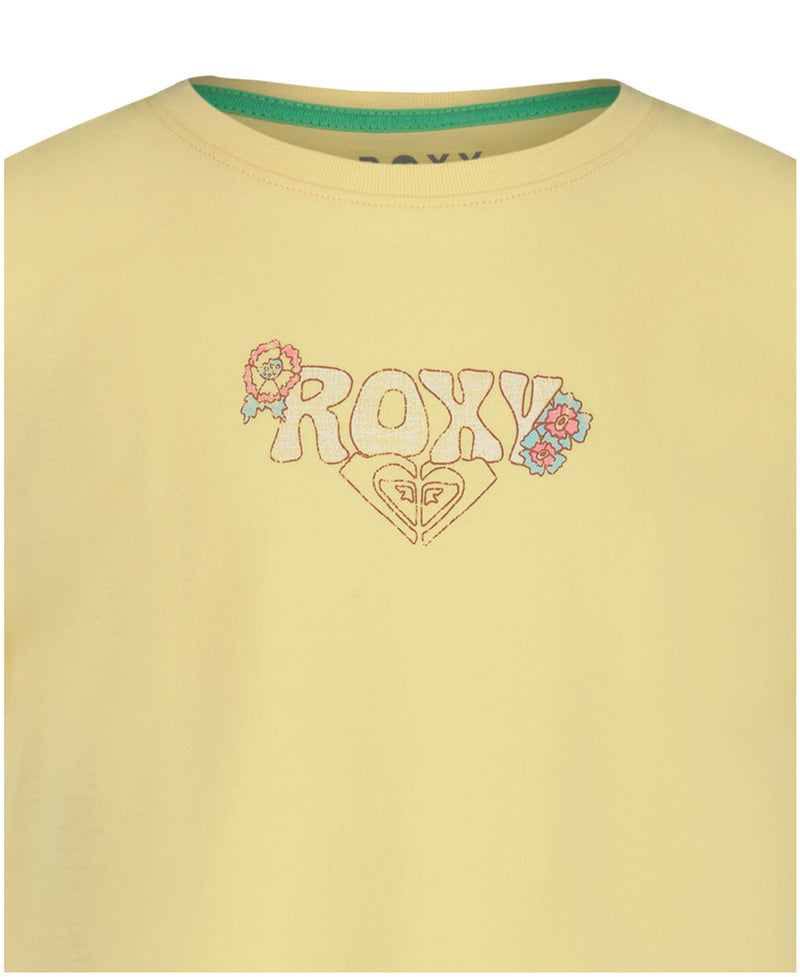 The Girls' Grateful For Nature Tee by Roxy features a light yellow cotton jersey, oversized fit, crew neck, outlined "ROXY" floral text, and a heart-shaped logo below.