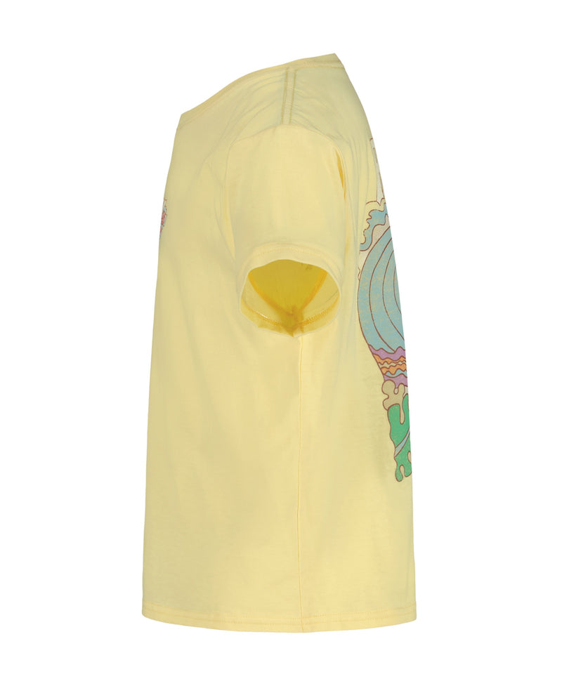 Side view of the Roxy Girls' Grateful For Nature Tee, a light yellow cotton jersey crew neck oversized t-shirt with a colorful blue, pink, and green side graphic, shown against a white background.