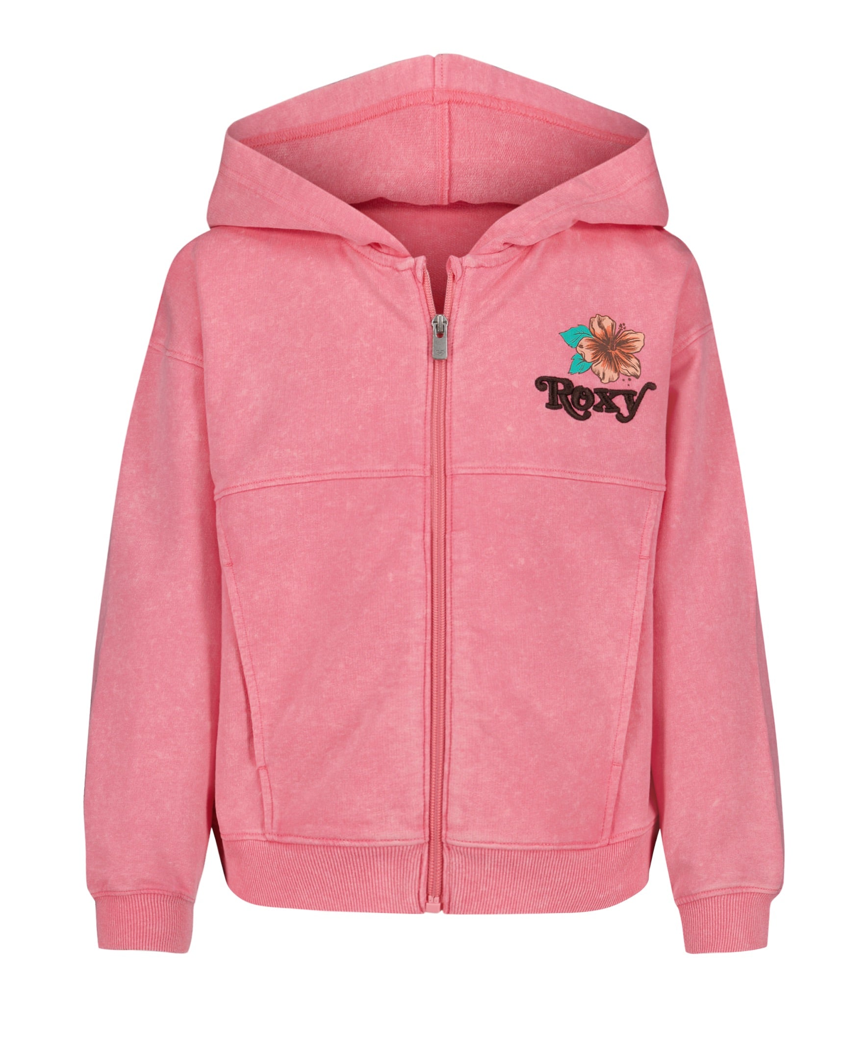 The Roxy Girls' Sunset Oversized Hoodie is a pink, soft baby French terry zip hoodie with side pockets, ribbed cuffs and hem, and a floral Roxy graphic on the left chest.