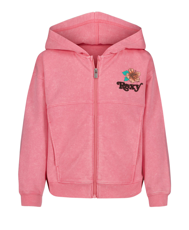 The Roxy Girls' Sunset Oversized Hoodie is a pink, soft baby French terry zip hoodie with side pockets, ribbed cuffs and hem, and a floral Roxy graphic on the left chest.