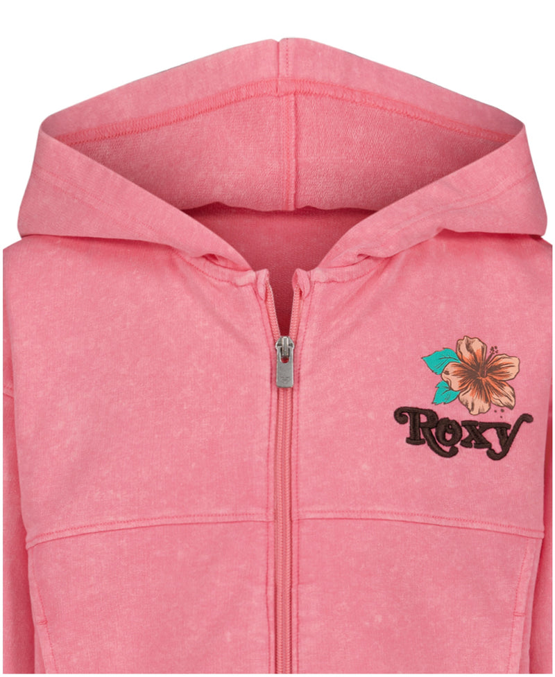 Close-up of the Roxy Girls' Sunset Oversized Hoodie in pink, made from soft baby french terry. Features a floral graphic and "Roxy" in stylized black lettering on the left chest, plus a cozy hood.