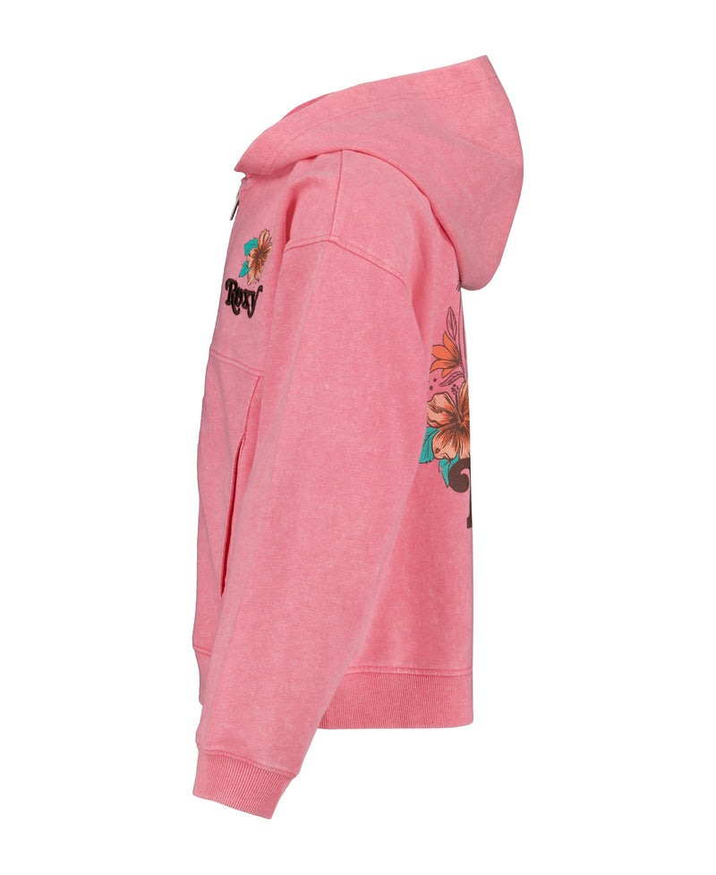 Side view of the Roxy Girls' Sunset Oversized Hoodie in pink, made from soft baby French terry, with colorful floral graphics on the back and chest, long sleeves, and a front pocket.