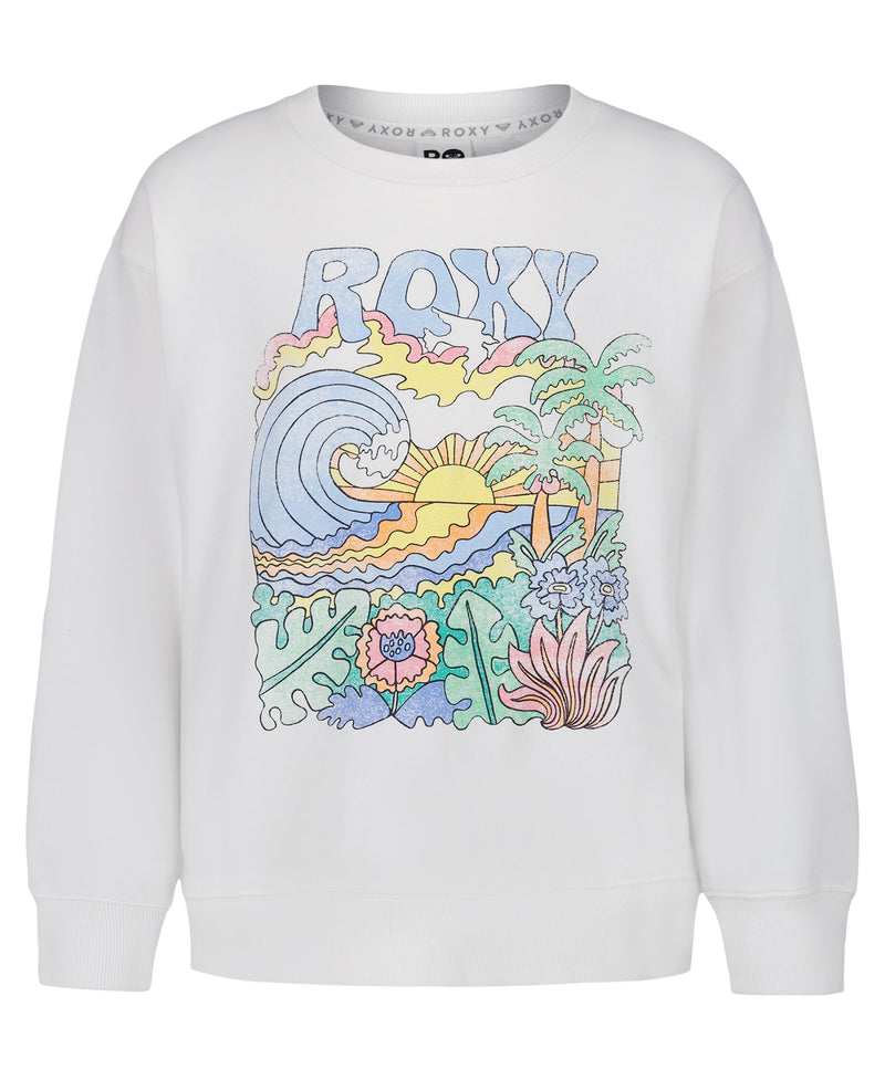 The Girls' Nature Oversized Crewneck Sweatshirt by Roxy features a colorful cartoon beach scene with waves, sunset, palm trees, flowers, and bold ROXY lettering—an oversized crew pullover that's perfect for girls.