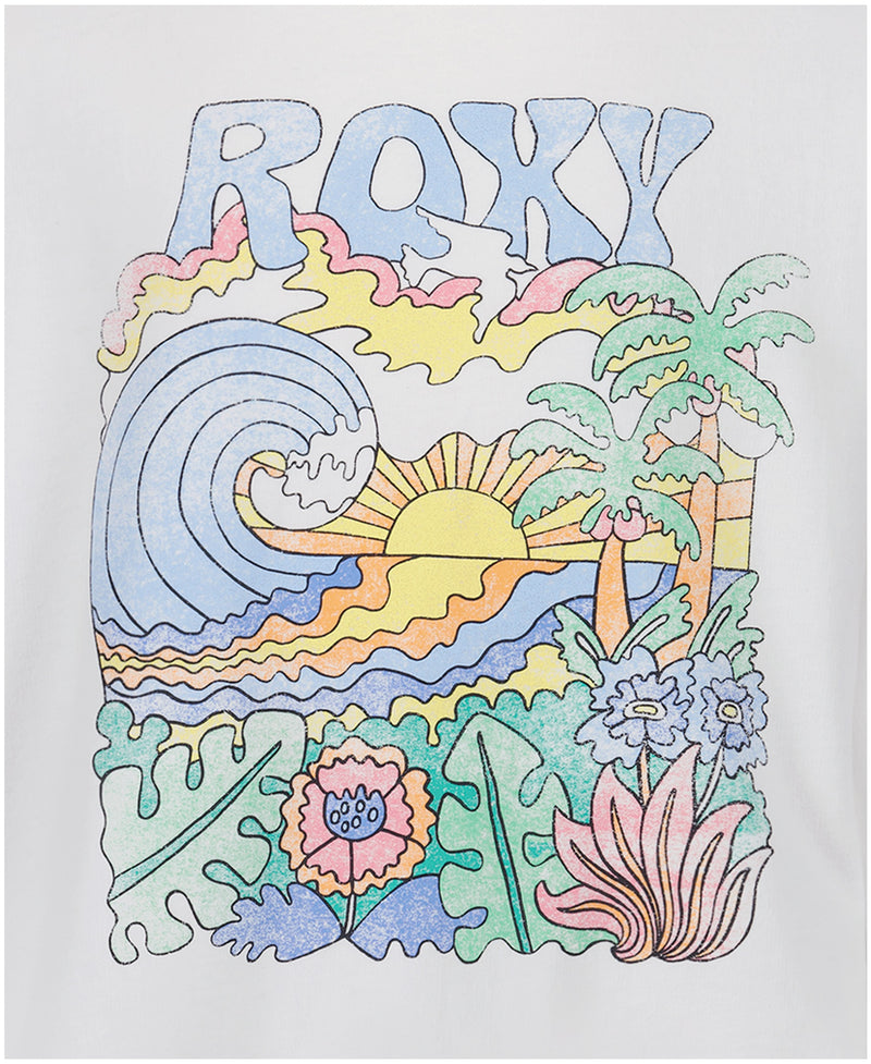 A colorful, retro-style illustration with "ROXY" above a sunset ocean scene, wave, and palm trees inspires the Roxy Girls' Nature Oversized Crewneck Sweatshirt—perfect for a vibrant, tropical look.