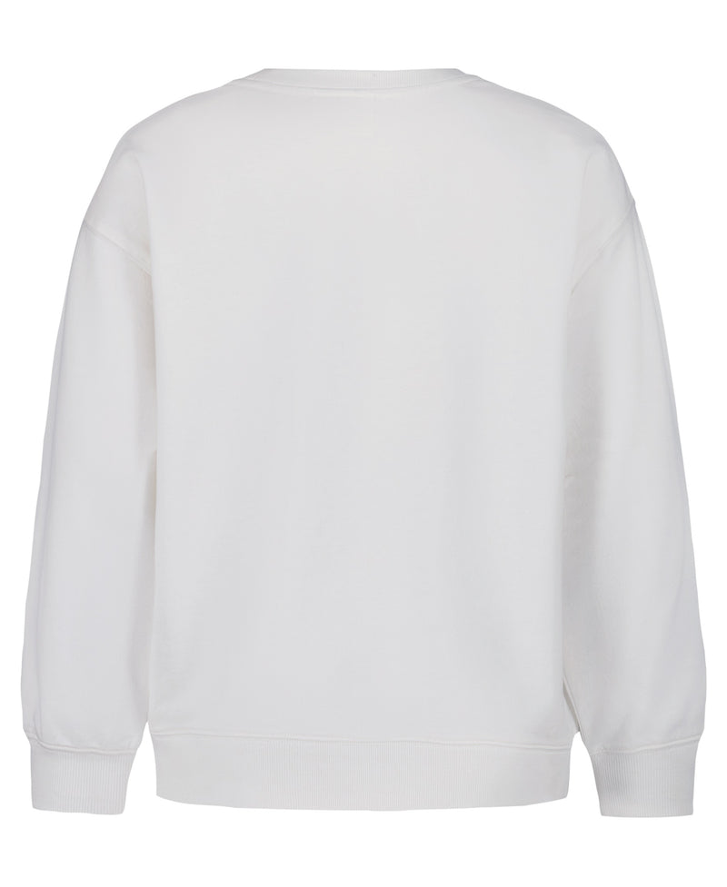 Back view of a plain white Girls' Nature Oversized Crewneck Sweatshirt by Roxy, featuring ribbed cuffs and hem, displayed on a white background.