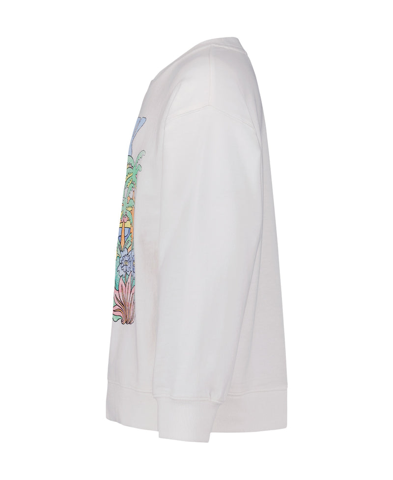 Side view of the Roxy Girls' Nature Oversized Crewneck Sweatshirt in white, featuring colorful botanical and geometric front artwork, long sleeves with ribbed cuffs and hem—ideal as a stylish beach pullover.