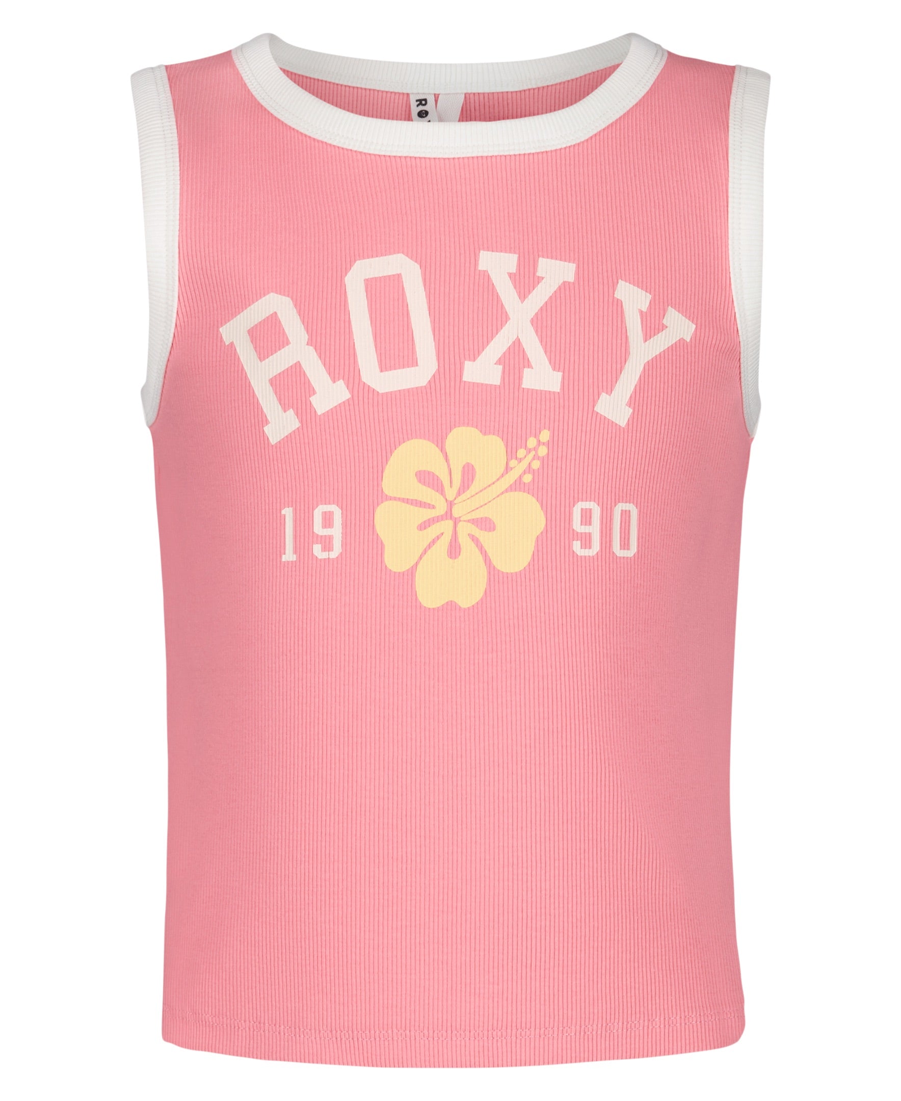 The Girls' Collegiate Arch Tank by Roxy is a pink ribbed fitted tank with white trim, featuring "ROXY" and "1990" in white text plus a yellow hibiscus flower graphic at the center for vintage flair.