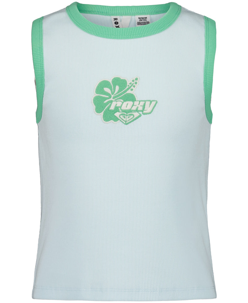 The Girls' One More Time Tank by Roxy is a sporty-chic sleeveless top in light blue ribbed fabric with green trim, featuring a green hibiscus flower graphic, the word “ROXY,” and the brand logo on the chest.