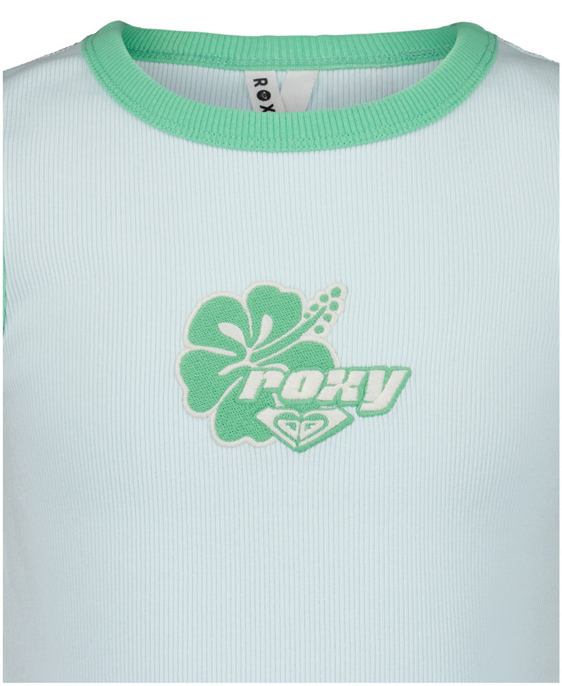 Close-up of the Roxy Girls' One More Time Tank: light blue ribbed fabric with mint green trim, a green hibiscus flower on the chest, and Roxy's One More Time Tank logo above a heart emblem.
