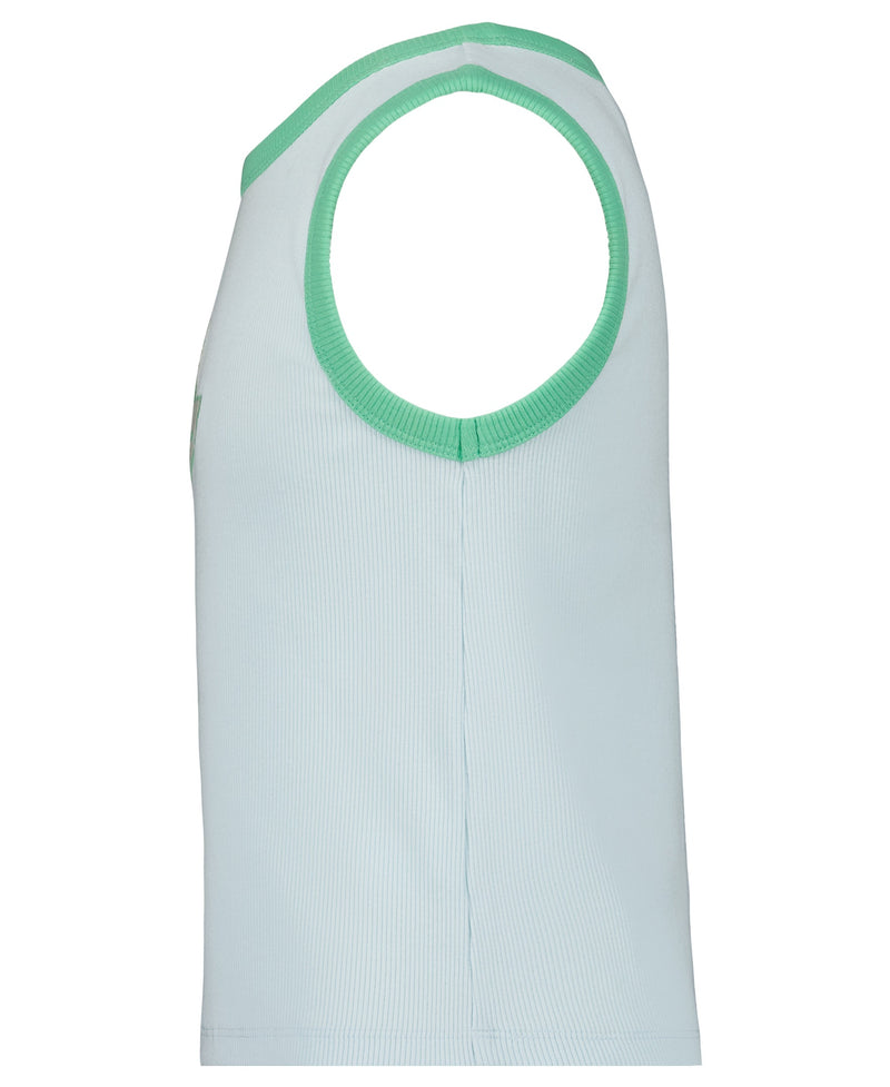 The Roxy Girls' One More Time Tank is a sleeveless light blue fitted top with green trim at the armholes and neckline, shown from the side—ideal for a fresh, sporty look.