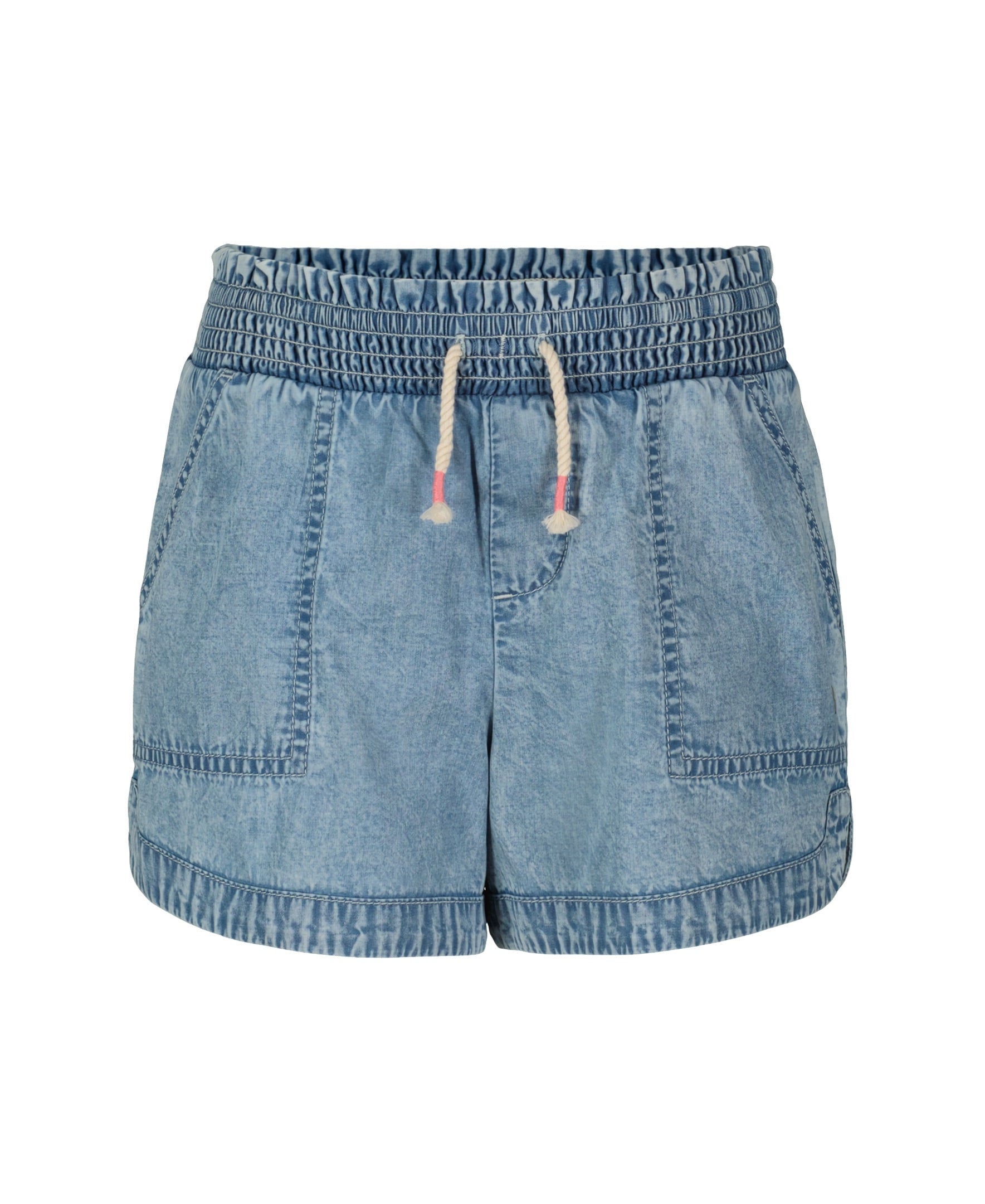 The Roxy Little Girls' Soleil Short features lightweight denim, a smocked elastic waistband, drawstring with knotted ends, two front patch pockets, and an acid wash finish for a casual everyday look.