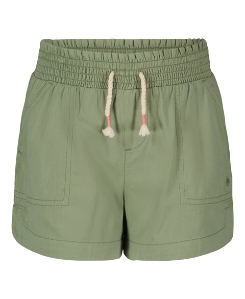The Girls' Soleil Short by Roxy features a light olive green brushed twill fabric, smocked elastic waistband, white rope drawstring with pink tips, relaxed fit, two front pockets, and visible stitching on pockets and hems.