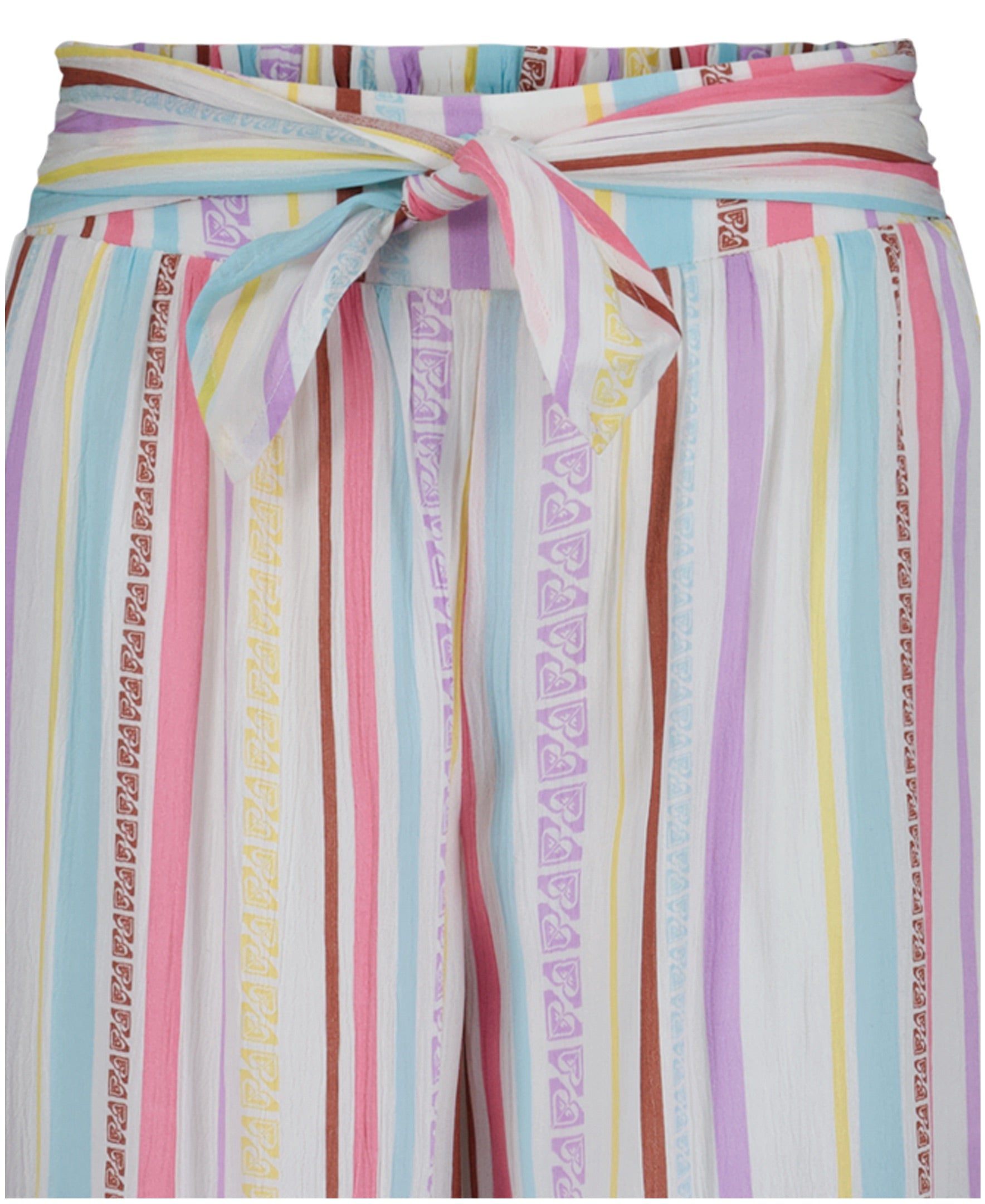 The Roxy Girls' Bali Stripe Pant features wide legs, a matching fabric belt at the waist, and pastel vertical stripes in pink, blue, yellow, and white—perfect for a breezy beach look.