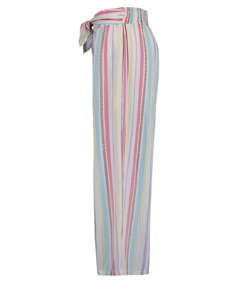 Side view of high-waisted, wide-leg pants with a tie belt. The Girls' Bali Stripe Pant by Roxy features vertical pastel stripes in pink, yellow, blue, purple, and white for a summery beach look.