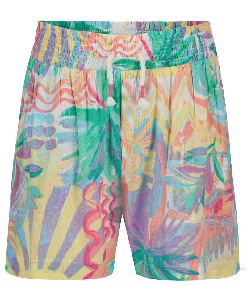 The Roxy Girls' Palm Sun Soleil Short features a vibrant tropical palm and sunburst print in green, yellow, orange, pink, and blue with a smocked elastic waistband and drawstring.
