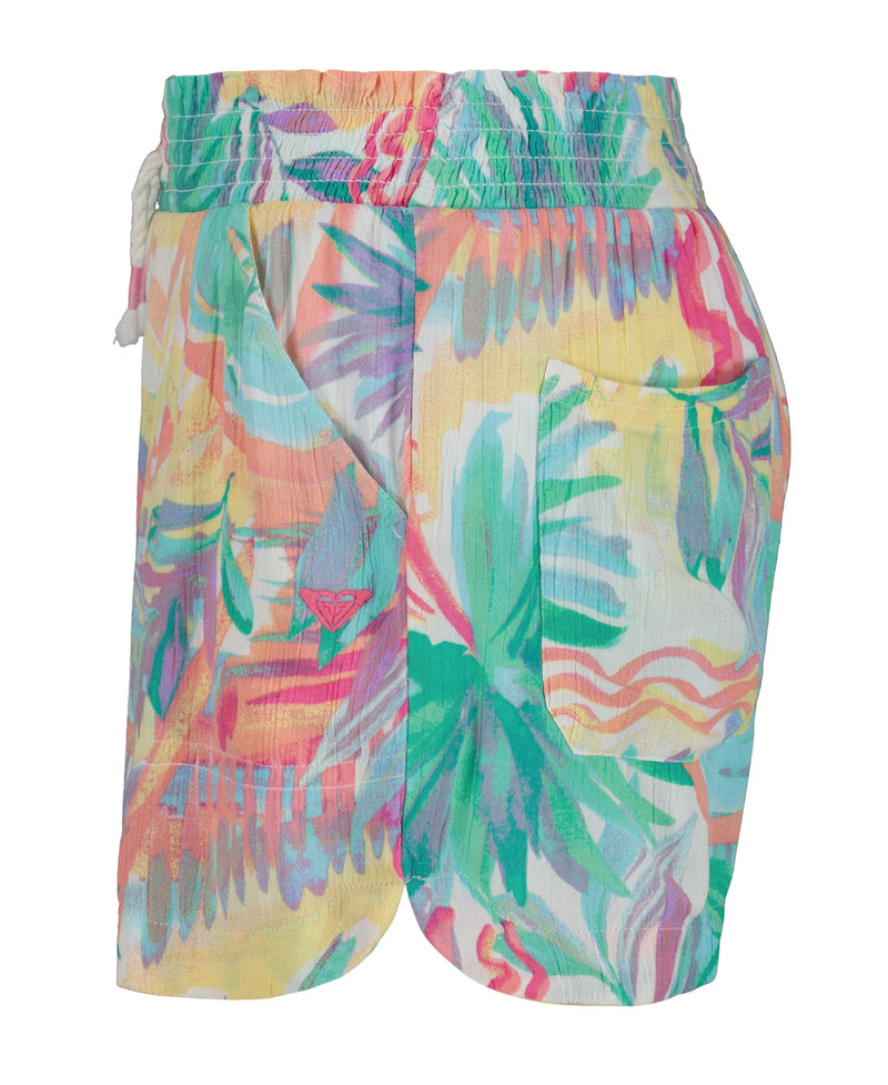 The Roxy Girls' Palm Sun Soleil Short features a pastel abstract palm print, smocked elastic waistband with white drawstring, right front pocket, and comfortable crinkle viscose fabric for a stylish look.