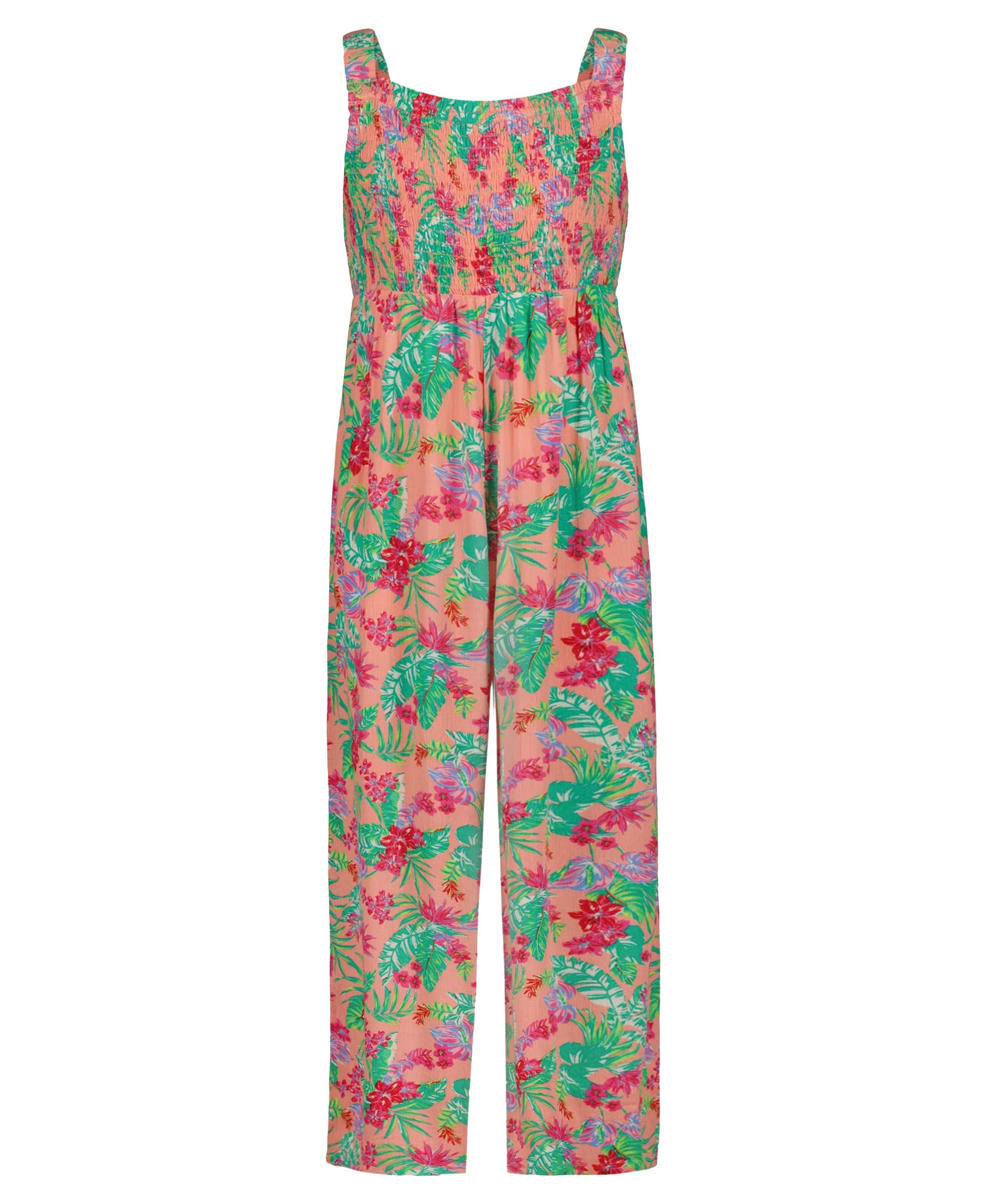 The Girls' Coastal Breeze Jumpsuit by Roxy is a sleeveless, full-length viscose jumpsuit featuring a square neckline, smocked bodice, and vibrant tropical floral print in pink, green, red, and yellow.