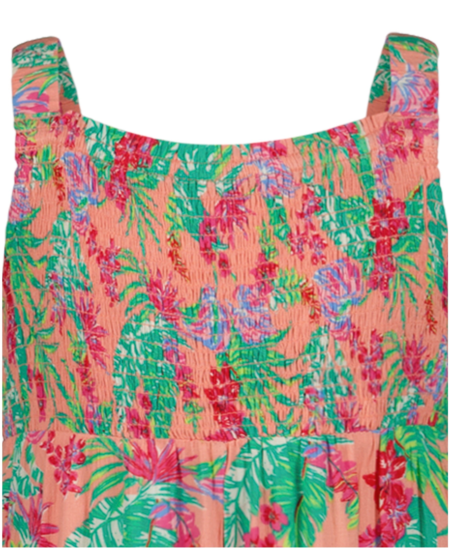 The Roxy Girls' Coastal Breeze Jumpsuit features a sleeveless design with a pink base, colorful tropical floral and leaf prints, and a textured smocked bodice that gathers elegantly at the top.