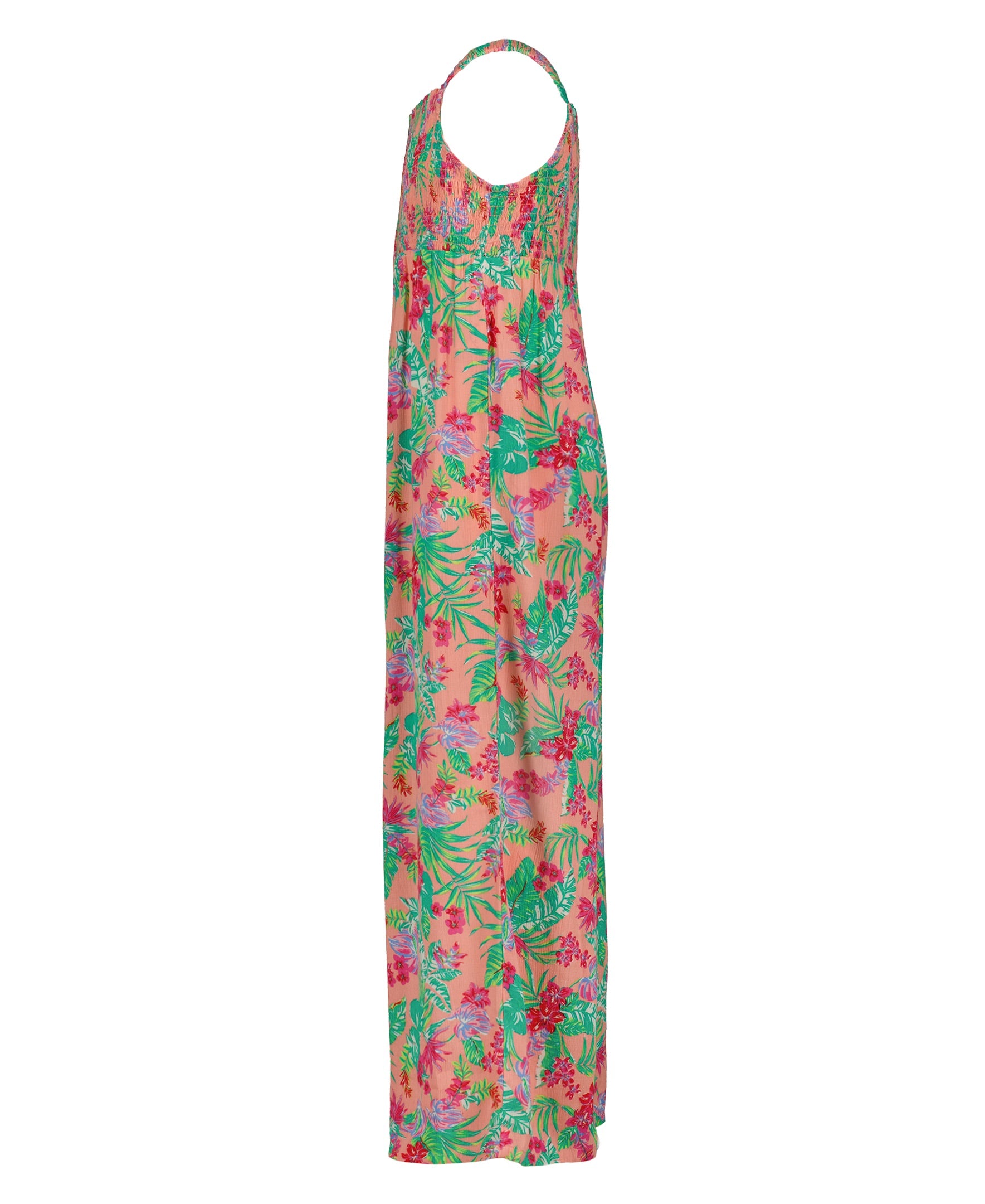 The Roxy Girls' Coastal Breeze Jumpsuit is a sleeveless, long jumpsuit with a colorful tropical floral print in green, orange, and pink, featuring a comfortable smocked bodice and shown on a white background.