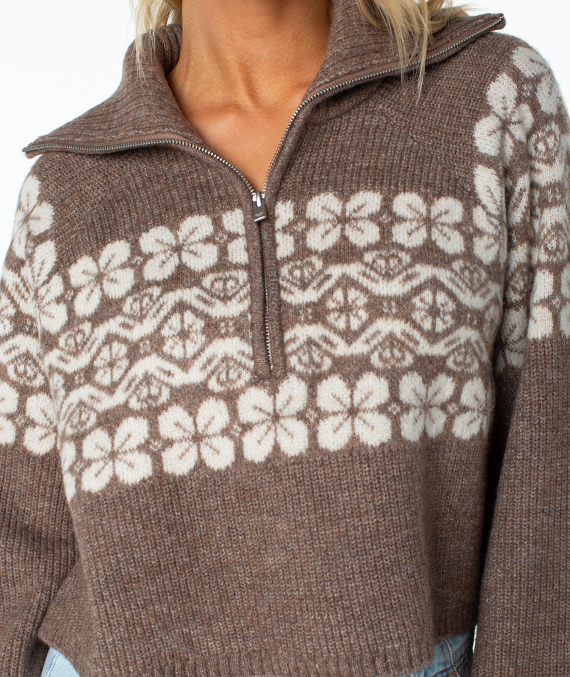 Roxy Cedar Grove Sweater in a relaxed-fit brown with a cream-colored floral and geometric Fair Isle pattern and wintery vibes.