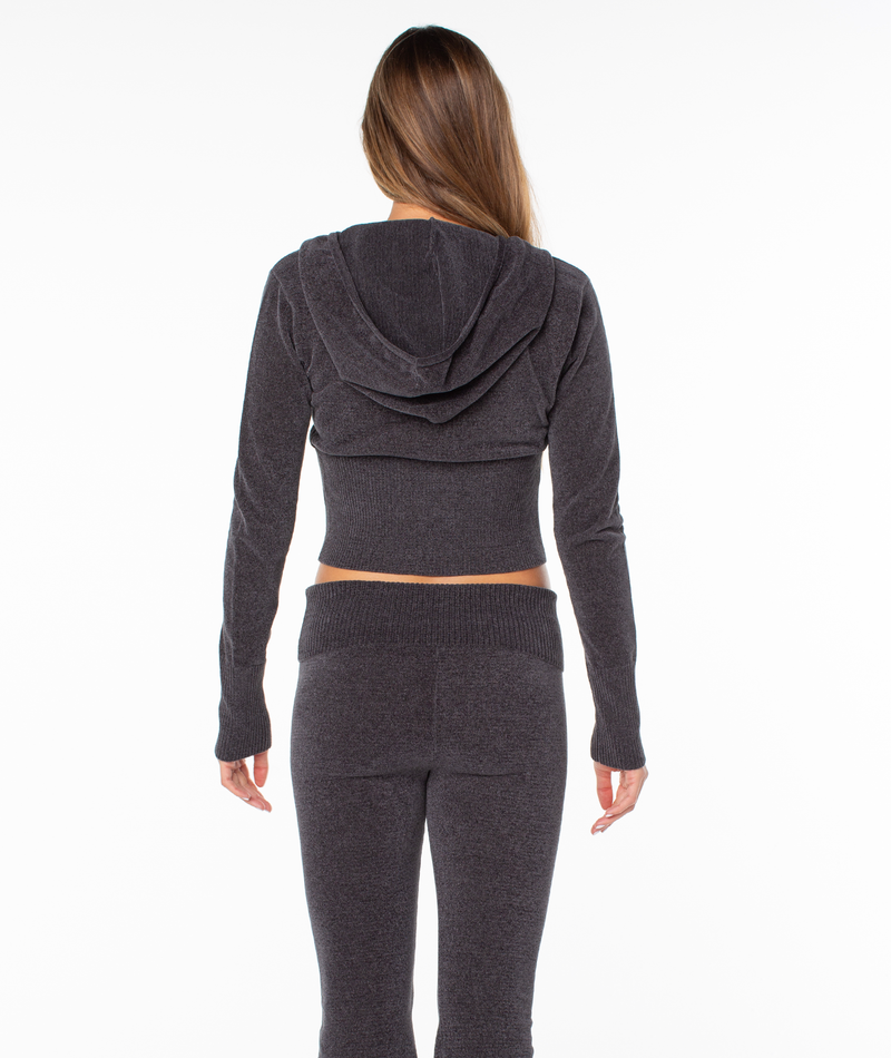 Back view of a person wearing a cozy, charcoal gray Roxy Double Daze 2 Top and matching pants with a comfortable fit.