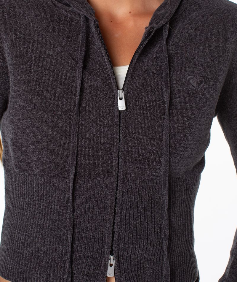 Roxy Double Daze 2 Top: charcoal gray zip-up hooded jacket with a comfortable fit, featuring a ribbed hem and a small embroidered logo on the chest.