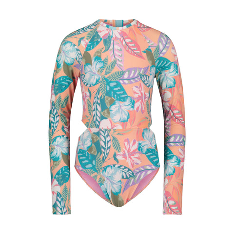 The Roxy Girls' Hot Tropics Onesie is a vibrant long-sleeve swimsuit with a bold tropical print in pink, orange, teal, and white, shown on a plain white background.