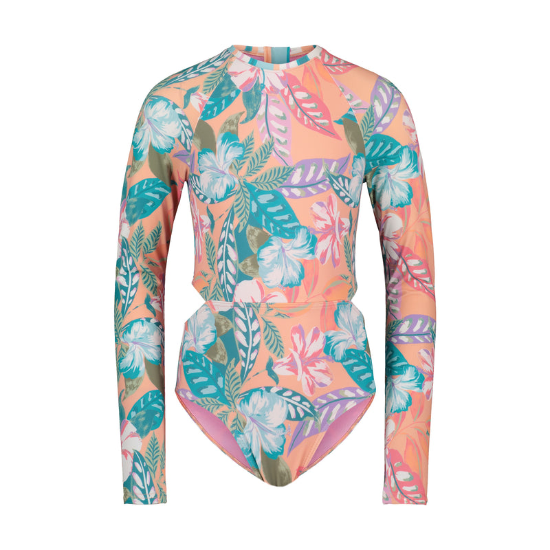 The Roxy Girls' Hot Tropics Onesie is a long sleeve one-piece swimsuit with a vibrant tropical print in pink, green, blue, and orange, shown on a plain white background—perfect for sunny beach days.