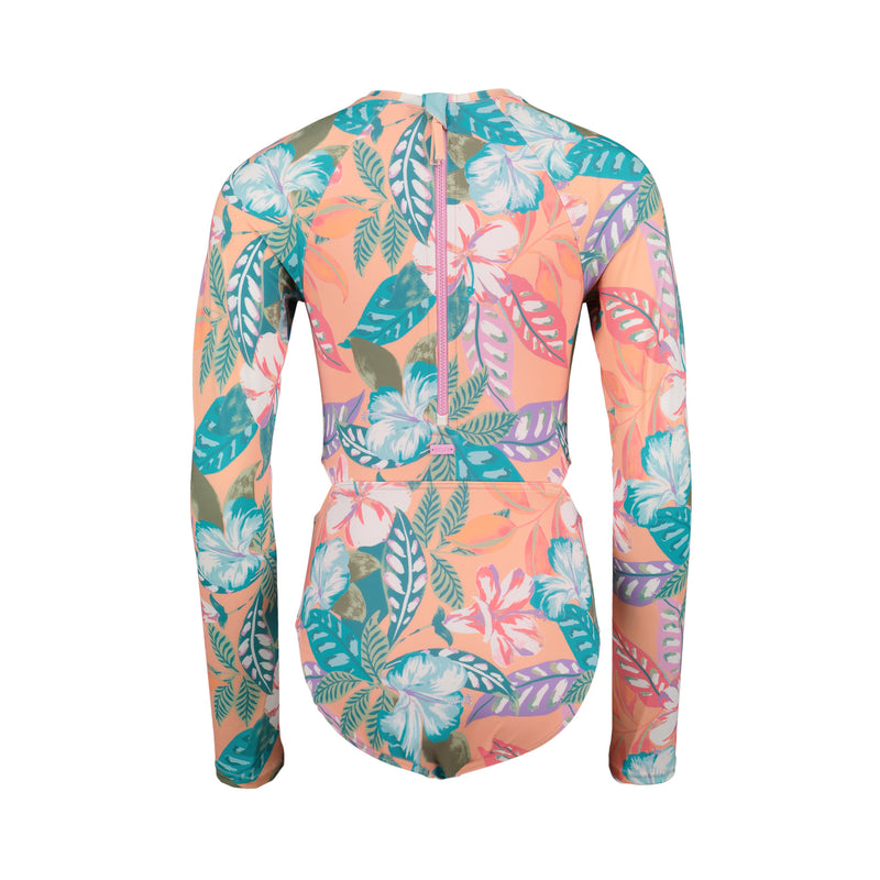 Back view of the Roxy Girls' Hot Tropics Onesie, a one-piece swimsuit with long sleeves, a zipper closure, round neckline, and vibrant tropical print in green, teal, purple, white, and peach.