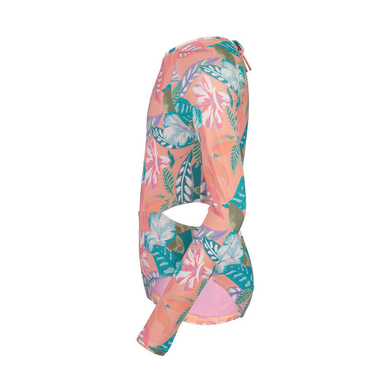 The Roxy Girls' Hot Tropics Onesie is a long sleeve one-piece swimsuit featuring a vibrant tropical print in pink, green, and teal, with a side cut-out and back zipper.