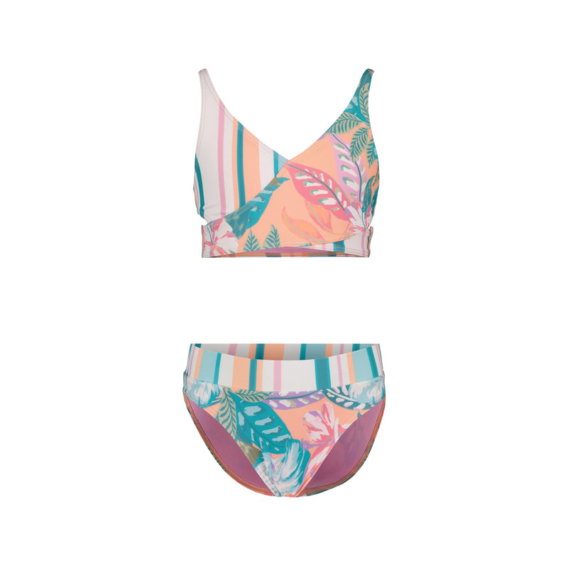 The Roxy Girls' Hot Tropics Bikini Set is a two-piece swimsuit with a sleeveless V-neck top and mid-rise bottoms, showcasing pink, teal, orange, and white stripes and tropical leaves for stylish medium coverage.