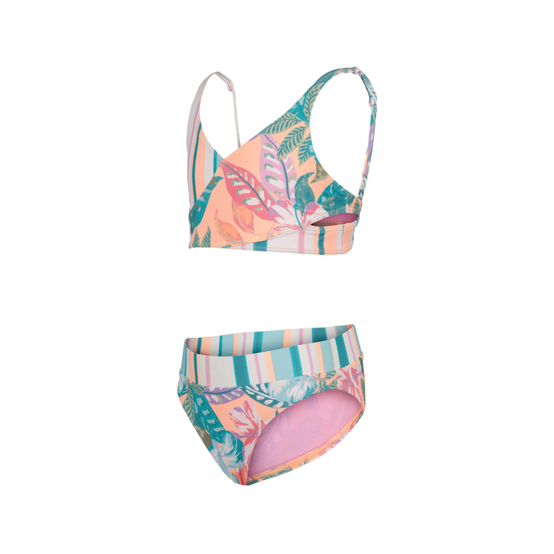 The Roxy Girls' Hot Tropics Bikini Set features a tropical leaf and pastel stripe print in pink, teal, and orange with a V-neck wide strap top and mid-rise medium coverage bottoms on a white background.