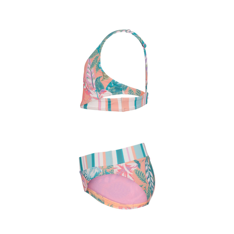 The Roxy Girls' Hot Tropics Bikini Set is a two-piece swimsuit with a pastel tropical leaf and stripe pattern. It features a stylish one-shoulder top, matching bottoms, and provides medium coverage.