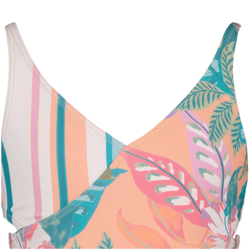 Close-up of the Roxy Girls' Hot Tropics Bikini Set, a medium coverage swimwear piece with vertical stripes and tropical leaf patterns in pastel pink, peach, turquoise, white, and green.