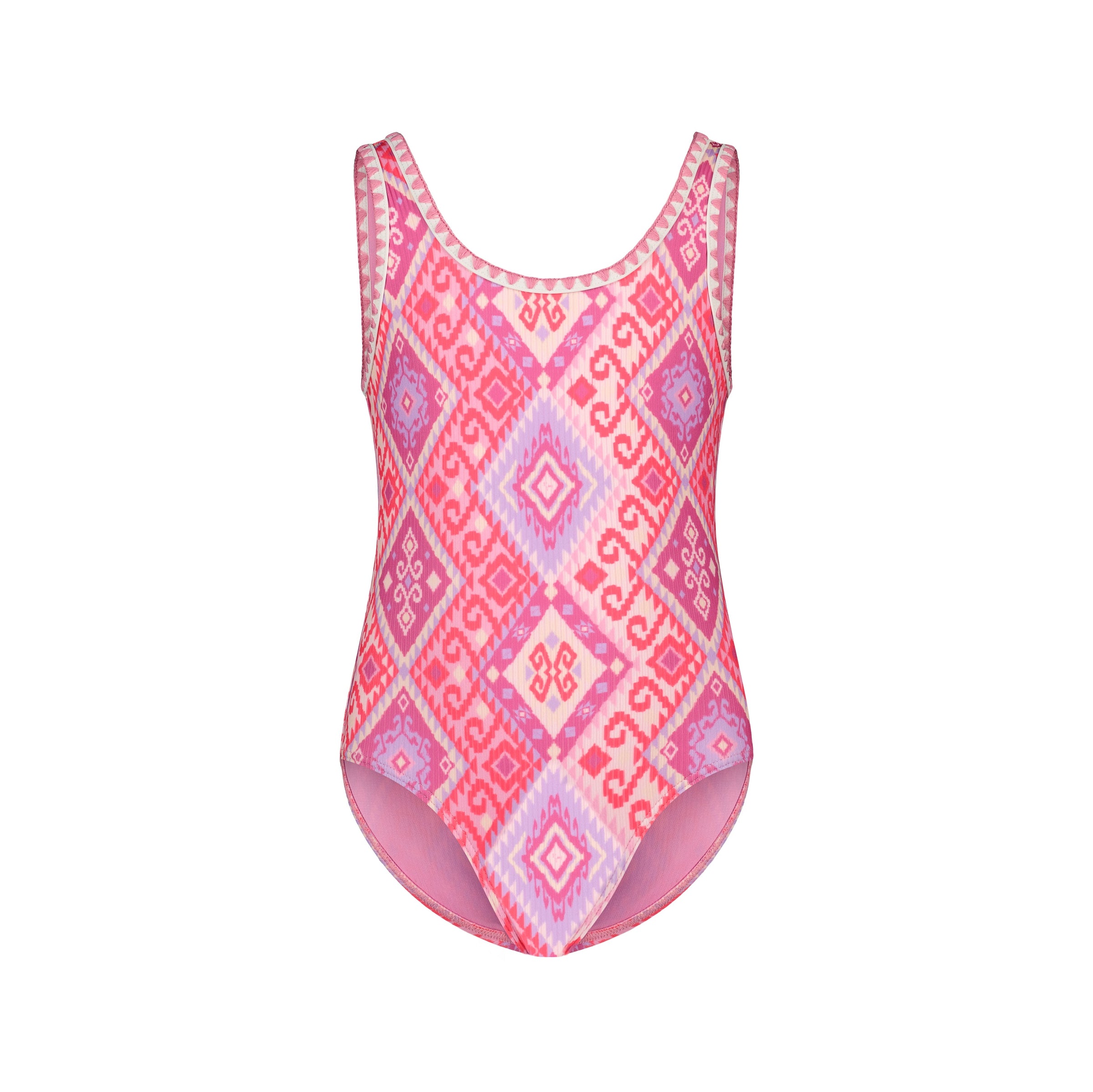 The Roxy Girls' La Palma One Piece is a pink and purple athletic swimsuit with a geometric diamond and swirl pattern, medium coverage, scoop neckline, and medium-cut legs, shown on a plain white background.