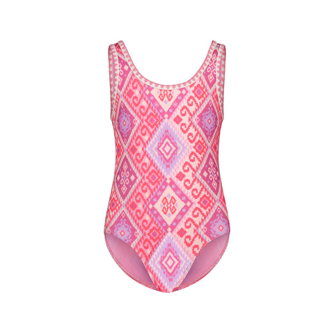 The Roxy Girls' La Palma One Piece is a pink and purple athletic swimsuit with a geometric diamond and swirl pattern, medium coverage, scoop neckline, and medium-cut legs, shown on a plain white background.
