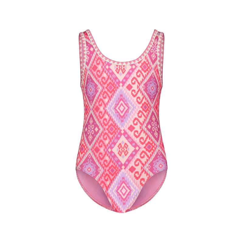 The Girls' La Palma One Piece by Roxy is a pink girls' athletic swimsuit with geometric and diamond-shaped patterns in pink, purple, and white, shown on a white background.