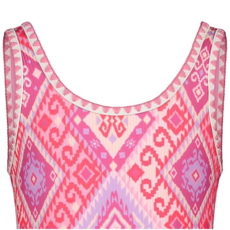 Close-up of the upper part of the Roxy Girls' La Palma One Piece swimsuit, featuring a scoop neckline and a vibrant geometric pattern in pink, purple, and white tones.