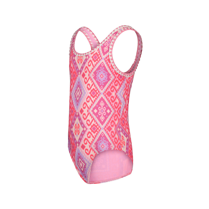 The Roxy Girls' La Palma One Piece is a pink and purple geometric-print swimsuit with crisscross back straps and a high-cut leg, shown on a white background.