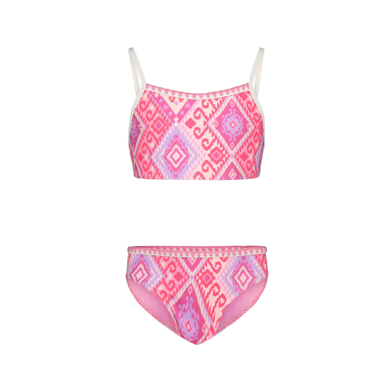 The Roxy Girls' La Palma Bikini Set features a geometric pink, purple, and white pattern with a high-neck top and thin adjustable straps; matching bottoms complete this stylish two-piece swimsuit.