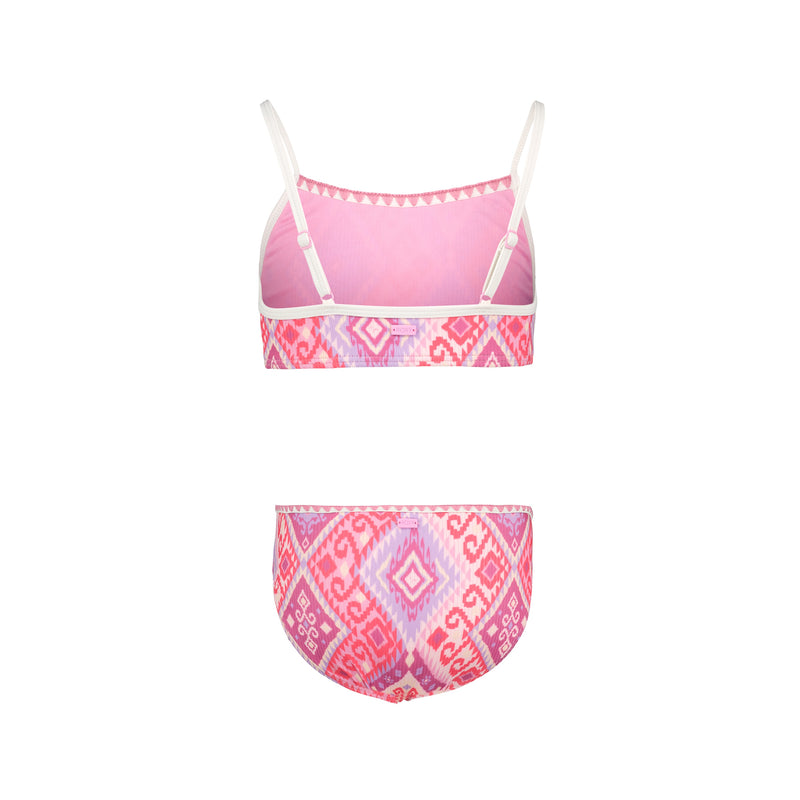 The Roxy Girls' La Palma Bikini Set features a pink, purple, and white geometric pattern with a crop top with adjustable straps and matching bottoms, both shown on a white background.
