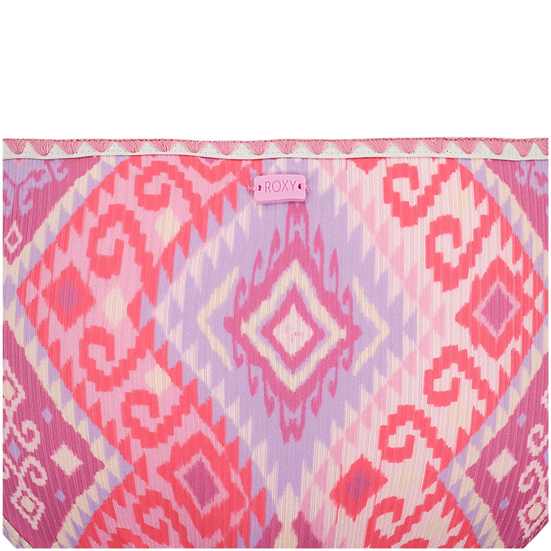 A fabric pouch with a pink, purple, and cream geometric ikat pattern inspired by the Roxy Girls' La Palma Bikini Set, featuring a small pink ROXY tag at the top center.