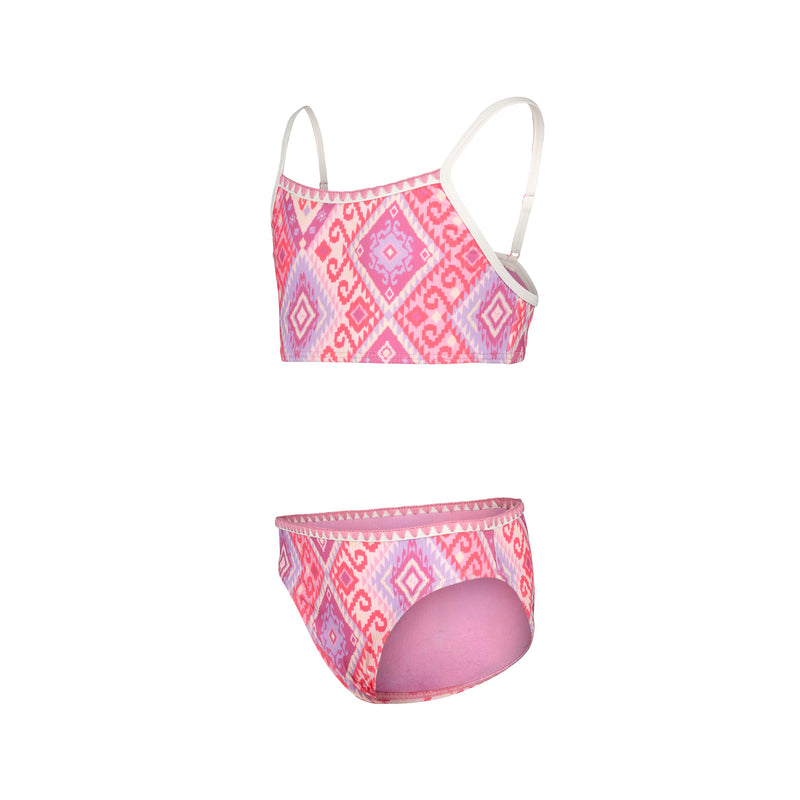The Roxy Girls' La Palma Bikini Set features pink and purple geometric patterns with a crop top with adjustable straps and matching bikini bottoms, both shown on a white background.